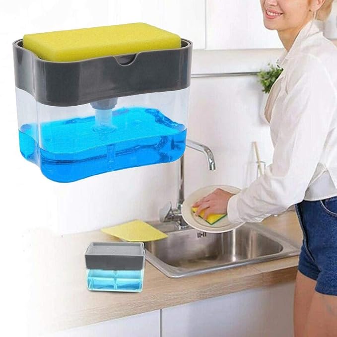2-in-1 Soap Pump Dispenser with Sponge Holder – One-Touch Dishwashing Soap Dispenser (13oz)